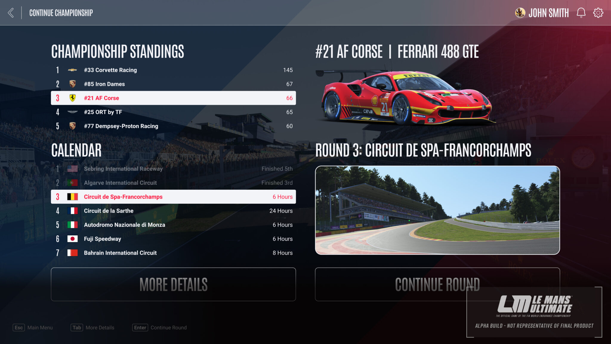 Championship overview screen showing race series, standings, and upcoming events