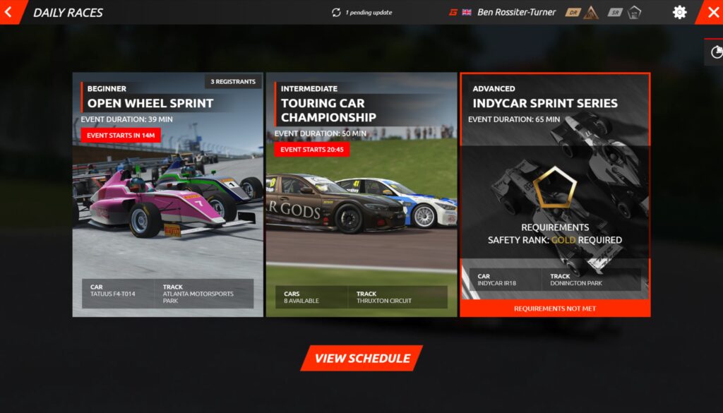 Daily Races tiered structure: Beginner, Intermediate, and Advanced events. Safety rating gates unlock higher tiers, giving players a visible progression path without the anxiety of a live number.
