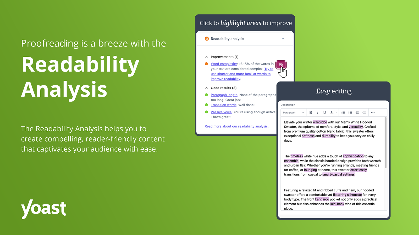 Readability analysis: actionable scores and improvement suggestions for product descriptions